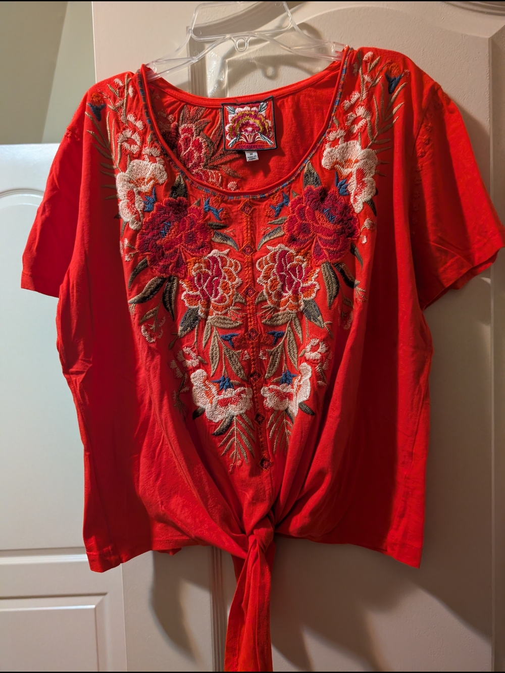 Johnny Was Red Embroidered Tie-Front Crop Top